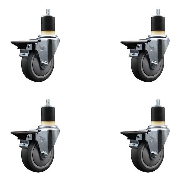 4'' Thermoplastic Rubber Swivel 1-7/8'' Expanding Stem Caster Set with Brake, 4PK